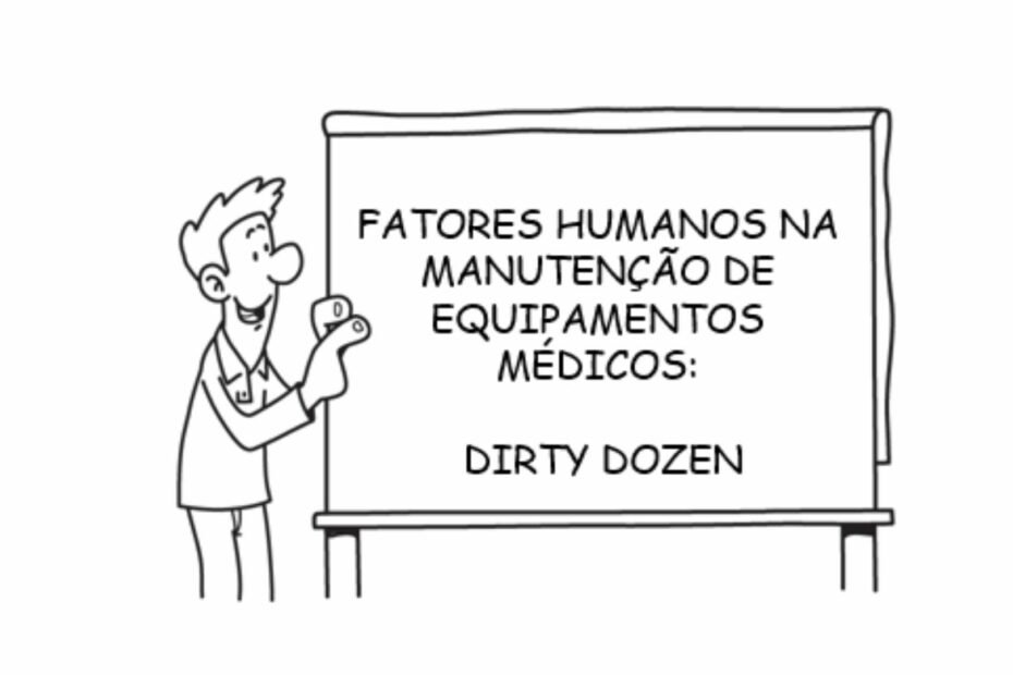 desenho de um homem com uma placa escrito fatores humanos na manutenção de equipamentos medicos dirty dozen